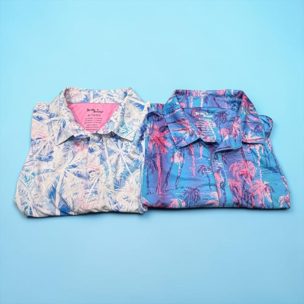 Birdie Bound Palm Tree Polo Mens XL Blue Pink Tropical Stretch Golf Shirt Lot 2